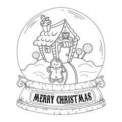 Fototapeta premium Coloring page Christmas Snow globe with candy house and Gingerbread. Coloring book Christmas. Coloring page vector Christmas. 