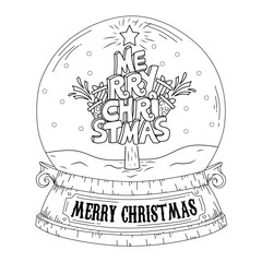 Fototapeta premium Coloring page Christmas Snow globe with merry Christmas tree. Coloring book Christmas. Coloring page vector Christmas. 