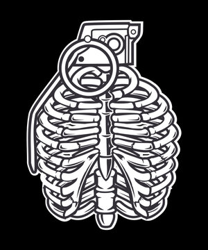 Valentine's Day grenade heart, Love, bones skeleton chest silhouette, vector art urban graphic drawing for stickers, streetwear,  t-shirts, logos, print-on-demand, print, or branding