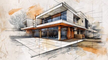 Architectural Sketch of Modern House with Patio and Garden