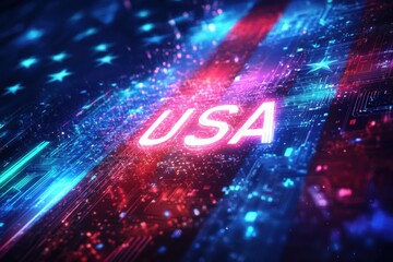 Futuristic Digital Representation of the USA Flag with Neon Glow and Circuitry Elements