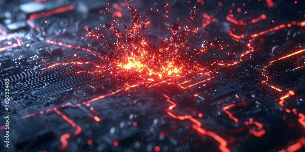 Poster red glowing liquid explodes on a dark circuit board.