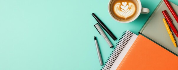 Flat lay of motivational books, pens, and a cup of coffee, study and learning environment, inspiring tools