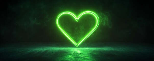 Glowing green neon heart on dark background