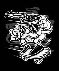 Funny Black and White Coffee skying vector art character graphic drawing illustration for stickers, streetwear, t-shirts, logos, print-on-demand, print, or branding