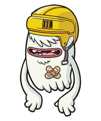 Funny Skater Bruised Ghost wearing a yellow helmet, vector art character graphic drawing for stickers, streetwear,  t-shirts, logos, print-on-demand, print, or branding © Saiid-Designs