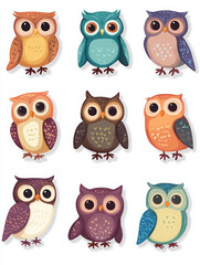 Fototapeta premium owl owls bird birds animal cute cartoon colorful drawing illustration character nature wildlife whimsical art decoration stickers classroom children fabric prints 