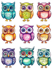 Fototapeta premium owls birds cute animals wildlife illustration cartoon colorful animal art nature feathers whimsical forest playful character design vector art digital art nursery decor 