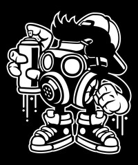 Funny and quirky black and white vector art character artist painting, graphic drawing for stickers, streetwear, t-shirts, logos, print-on-demand, print, or branding