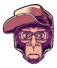 Gorilla Boy, a funny monkey head wearing glasses and a hat, vector art character graphic drawing for stickers, streetwear,  t-shirts, logos, print-on-demand, print, or branding