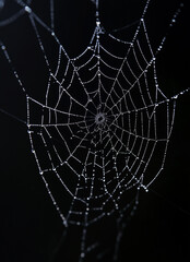 Dew drops glisten on a spider web, reflecting light against a dark backdrop