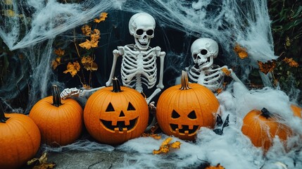 A Halloween background with pumpkins, cobwebs, and skeletons arranged in a spooky scene.