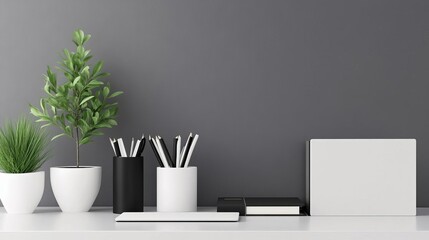 Minimalistic desk setup with monochrome office accessories, sleek design, modern workspace