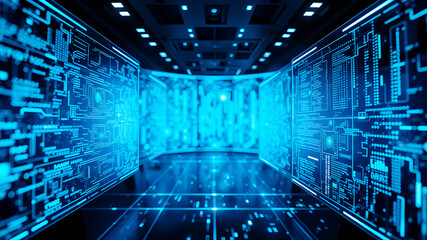 A 3D matrix of glowing blue data streams flowing between translucent digital screens in a futuristic interface