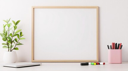 Minimalistic desk with a whiteboard and markers, modern office design, focus on productivity
