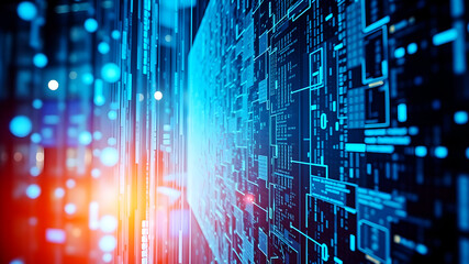 A 3D matrix of glowing blue data streams flowing between translucent digital screens in a futuristic interface