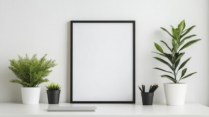 Minimalistic home office with motivational posters and potted plants, calm and inspiring workspace