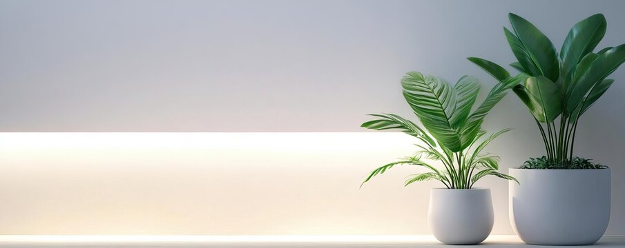 Minimalistic home office with potted plants and soft lighting, calm productivity corner, eco-friendly design
