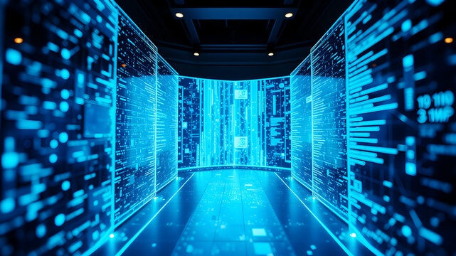 A 3D matrix of glowing blue data streams flowing between translucent digital screens in a futuristic interface