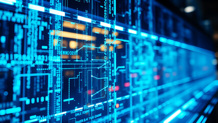 A 3D matrix of glowing blue data streams flowing between translucent digital screens in a futuristic interface