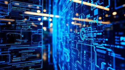 A 3D matrix of glowing blue data streams flowing between translucent digital screens in a futuristic interface