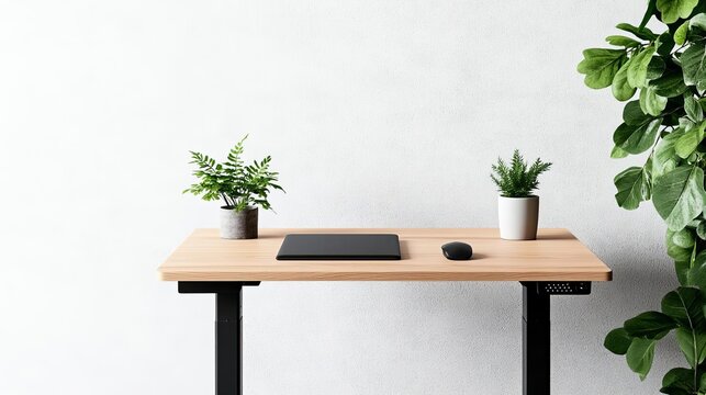 Modern home office with a standing desk and greenery, ergonomic setup, health and productivity