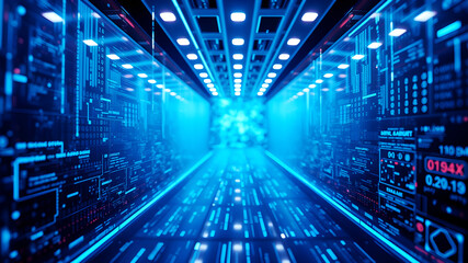 A 3D matrix of glowing blue data streams flowing between translucent digital screens in a futuristic interface