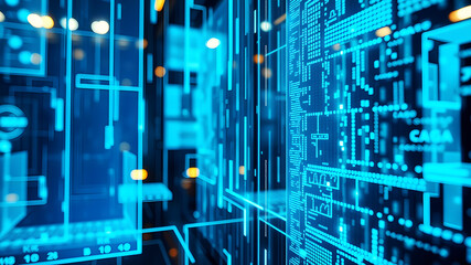 A 3D matrix of glowing blue data streams flowing between translucent digital screens in a futuristic interface