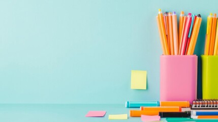 Overhead view of a desk with colorful markers and sticky notes, creative planning, vibrant work environment