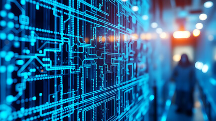 A 3D matrix of glowing blue data streams flowing between translucent digital screens in a futuristic interface