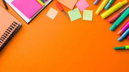 Overhead view of a desk with colorful markers and sticky notes, creative planning, vibrant work environment