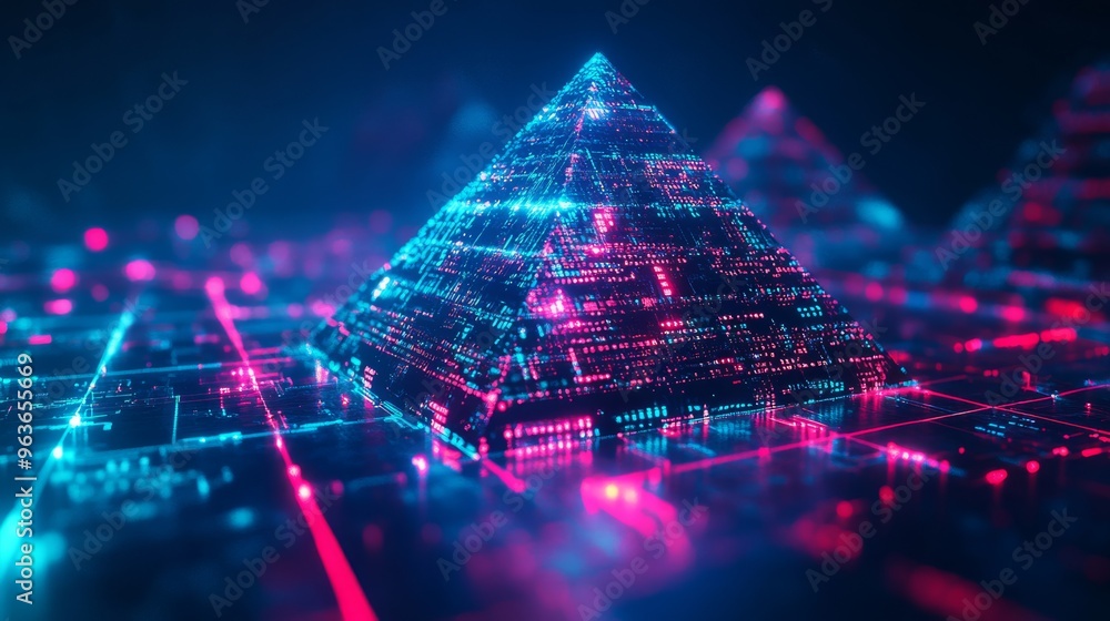 Poster delve into the world of advanced data analysis that showcases stunning neon pyramids, which not only