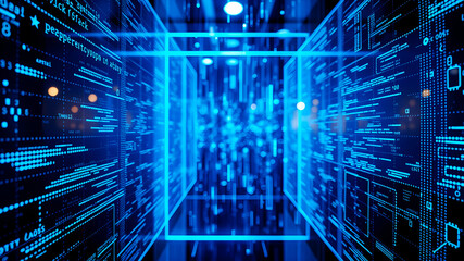 A 3D matrix of glowing blue data streams flowing between translucent digital screens in a futuristic interface