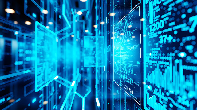 A 3D matrix of glowing blue data streams flowing between translucent digital screens in a futuristic interface