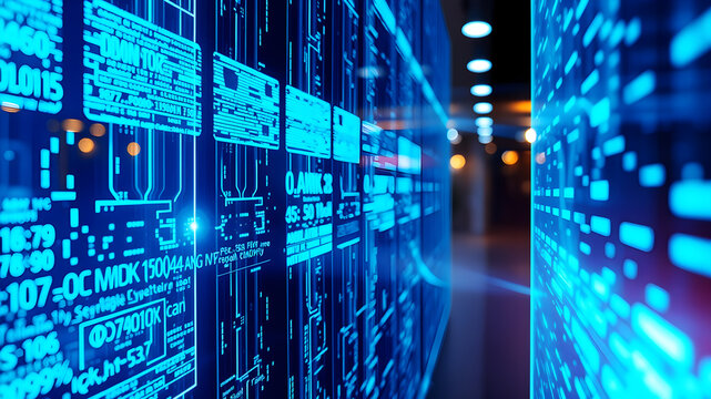 A 3D matrix of glowing blue data streams flowing between translucent digital screens in a futuristic interface