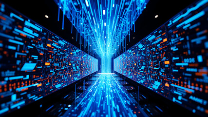 A 3D matrix of glowing blue data streams flowing between translucent digital screens in a futuristic interface