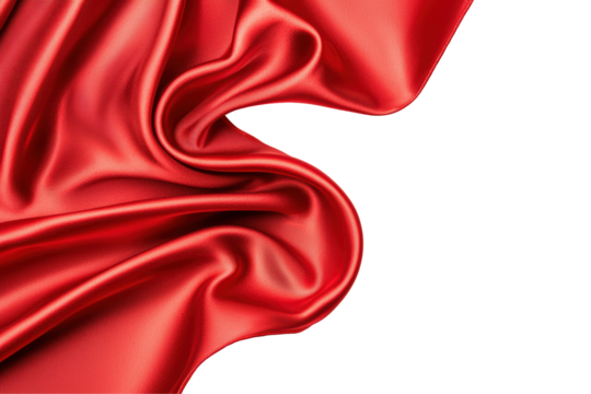 Glossy red satin fabric featuring soft folds and an elegant drape. Shiny texture and rich red color add sophistication and luxury, ideal for fashion design. Isolated on transparent background, png.