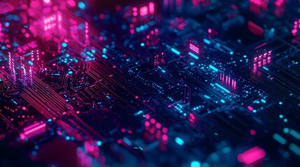 Abstract Circuit Board with Glowing Lines.