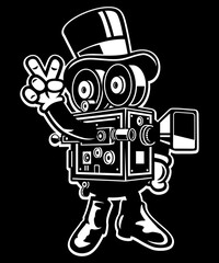 Quirky cinema camera vector art character graphic for stickers, t-shirts, logos, print-on-demand, print, or branding