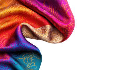 Vibrant silk fabric in bold red, orange, and purple colors with intricate gold patterns, showcasing rich and detailed textile design. Isolated on transparent background, png.
