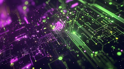 Abstract Circuit Board with Green and Purple Lights.