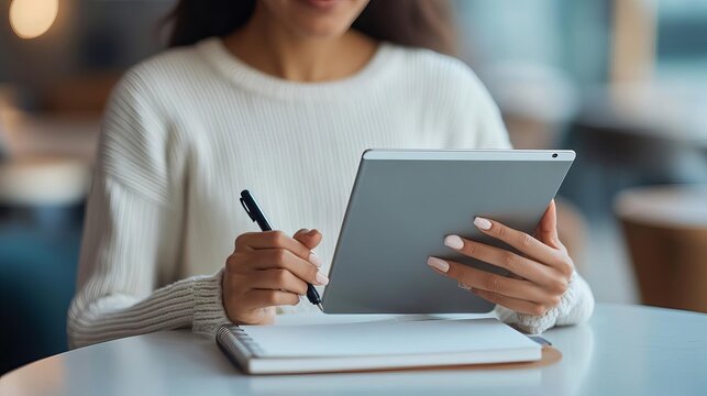 Woman with a digital tablet and notebook at a cafe, remote work productivity, casual and creative setup