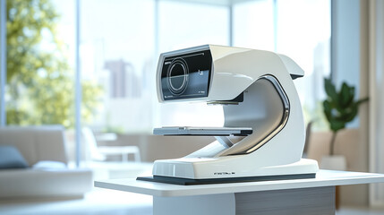 "Close-up of a fragment of an ophthalmic laser system in an eye surgery clinic, with selective focus."