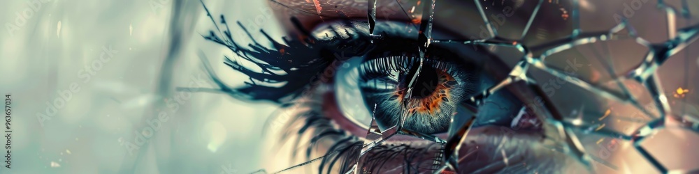 Poster double exposure image of an eye with a broken mirror effect and defined edges