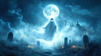 A Halloween ghost floating in a moonlit graveyard, with tombstones and fog all around.