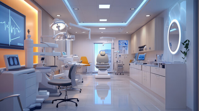 "Ophthalmological clinic featuring eye care services and a selection of glasses, with various optical equipment on display."