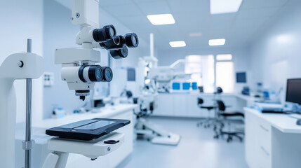 "Ophthalmological clinic featuring eye care services and a selection of glasses, with various optical equipment on display."