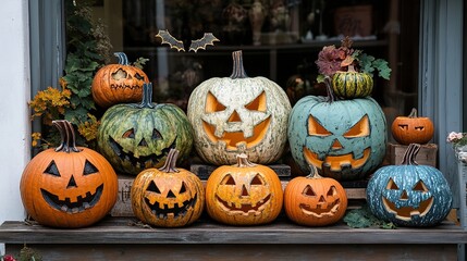 Obraz premium A Halloween jack-o'-lantern display, with pumpkins of different sizes and designs.