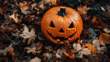 A Halloween jack-o'-lantern surrounded by autumn leaves, creating a cozy, spooky atmosphere.