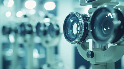 "Close-up of a fragment of an ophthalmic laser system in an eye surgery clinic, with selective focus."